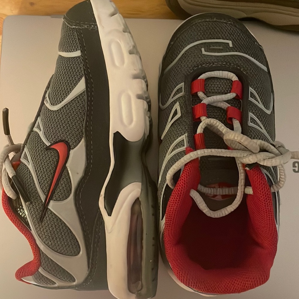 Gray, white and red Nike air max